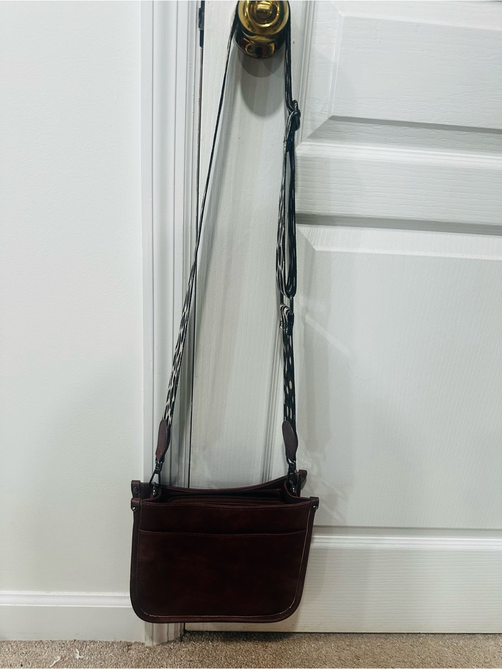 Dark Brown Leather Crossbody Bag with Woven Strap